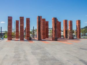 The Australian memorial is made from standstone columns, symbolic of the country's red centre.